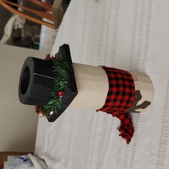 Hand Painted wooden snowman top hat candle holder plaid scarf Holiday Decoration - Picture 3 of 8